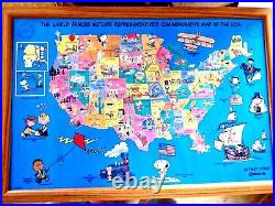 Lovely Framed Cartoon Map Of USA Charlie Brown Peanuts 1492 -1992 Metlife