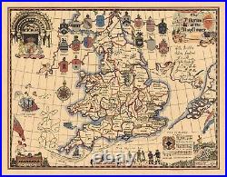 Map of England Showing Mayflower Pilgrim Family Surnames Origins Poster Print