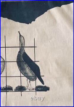 Vintage CAGED BIRDS Screen Print Mid Century Modern Bird Signed Geese Art Retro