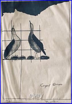 Vintage CAGED BIRDS Screen Print Mid Century Modern Bird Signed Geese Art Retro